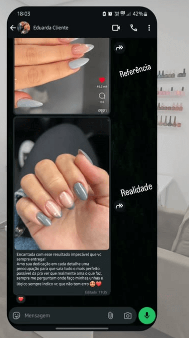 Depoimento de cliente sobre serviços de nail design no Studioevienails